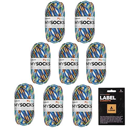 myboshi Pixelsocken - 6-fädige Sockenwolle, strapazierfähig, inkl original Label in Lederoptik, filzfrei (150g/Ll 390m, Booker Grün, 8 Knäuel)