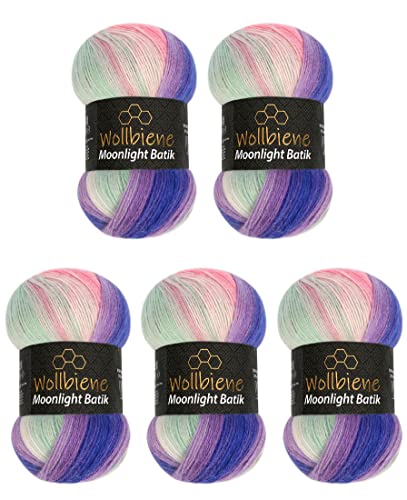 Wollbiene Moonlight Batik 5er Pack - 500g Farbverlaufswolle aus türkischer Wolle zum Stricken und Häkeln (3090 lila grün rosa)